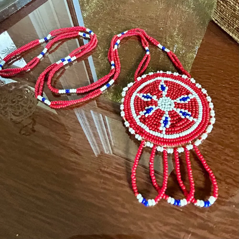 Vintage Beaded Medallion Necklace Red White Blue Southwestern Style